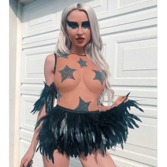 🦋B2G1🦋NEVANUDE Star Struck Black Crystal Stars Nude Mesh One Piece BodySuit - Picture 3 of 6